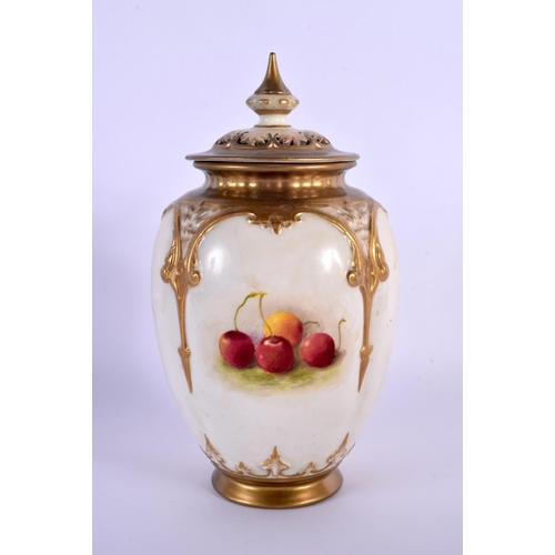 234 - A ROYAL WORCESTER FRUIT PAINTED VASE AND COVER by Ricketts. 19 cm x 6 cm.