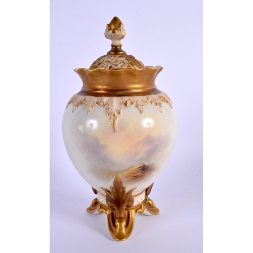 240 - A ROYAL WORCESTER PORCELAIN VASE AND COVER by James Stinton, painted with highland cattle. 19 cm x 7... 