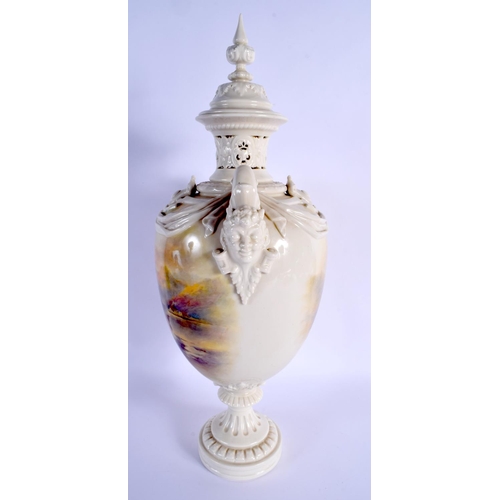 242 - A RARE LARGE ROYAL WORCESTER TWIN HANDLED PORCELAIN VASE AND COVER Attributed to Harry Stinton, pain... 
