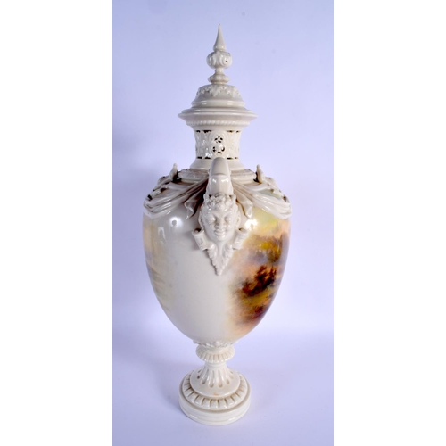 242 - A RARE LARGE ROYAL WORCESTER TWIN HANDLED PORCELAIN VASE AND COVER Attributed to Harry Stinton, pain... 
