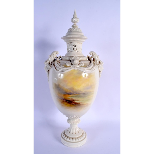 242 - A RARE LARGE ROYAL WORCESTER TWIN HANDLED PORCELAIN VASE AND COVER Attributed to Harry Stinton, pain... 