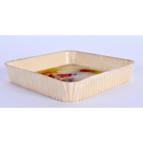 244 - A SMALL ROYAL WORCESTER PIN TRAY by James Stinton, painted with highland cattle. 8 cm square.