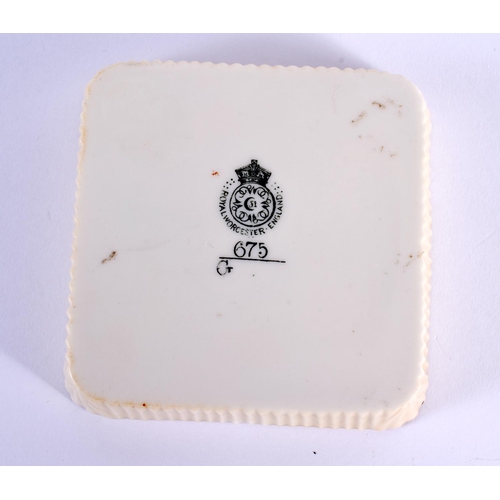244 - A SMALL ROYAL WORCESTER PIN TRAY by James Stinton, painted with highland cattle. 8 cm square.