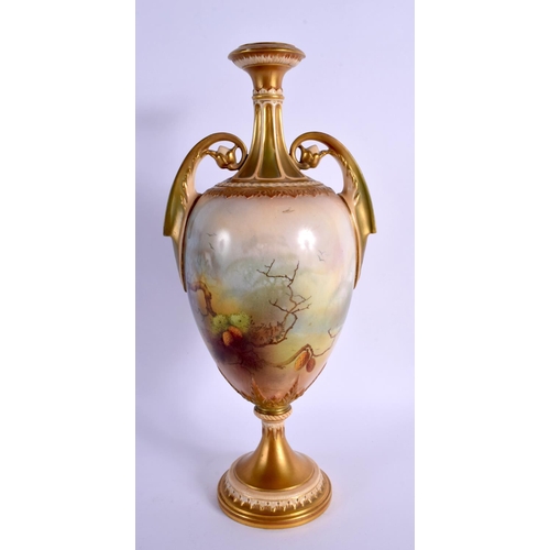 248 - A LARGE ROYAL WORCESTER TWIN HANDLED PORCELAIN VASE by Lewis, painted with pheasants. 30 cm x 9 cm.