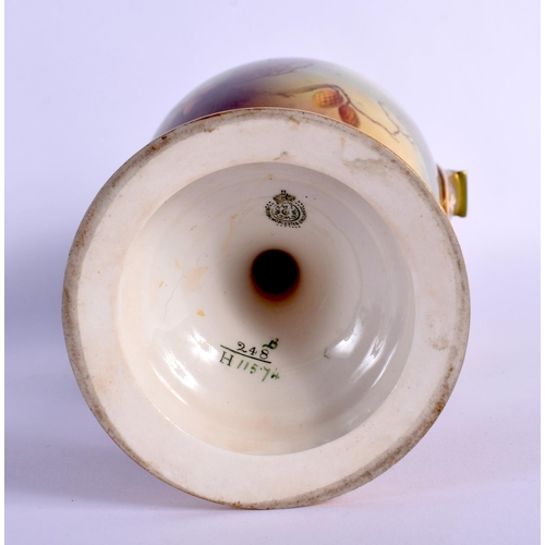 248 - A LARGE ROYAL WORCESTER TWIN HANDLED PORCELAIN VASE by Lewis, painted with pheasants. 30 cm x 9 cm.