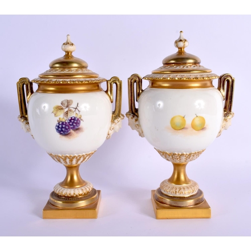 249 - A FINE PAIR OF TWIN HANDLED ROYAL WORCESTER VASES AND COVERS by Freeman, painted with fruit and berr... 