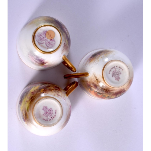 250 - A SET OF TEN ROYAL WORCESTER PORCELAIN CUPS AND SAUCERS by Stinton, painted with cattle, one painted... 