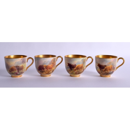 250 - A SET OF TEN ROYAL WORCESTER PORCELAIN CUPS AND SAUCERS by Stinton, painted with cattle, one painted... 
