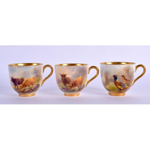 250 - A SET OF TEN ROYAL WORCESTER PORCELAIN CUPS AND SAUCERS by Stinton, painted with cattle, one painted... 
