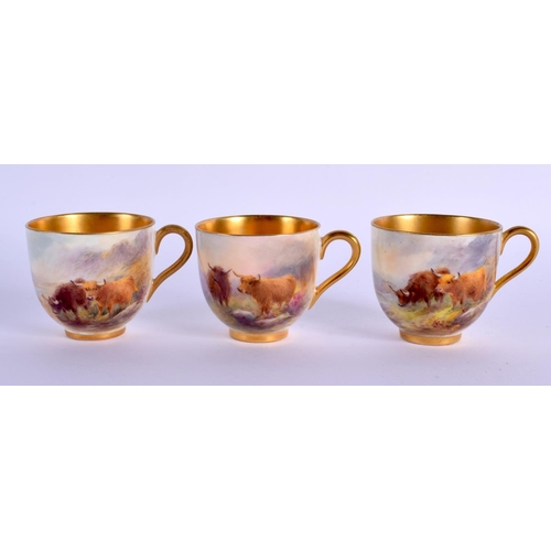 250 - A SET OF TEN ROYAL WORCESTER PORCELAIN CUPS AND SAUCERS by Stinton, painted with cattle, one painted... 