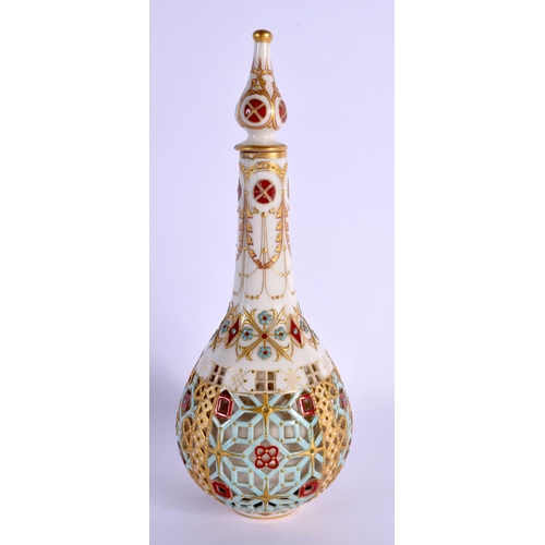251 - AN AESTHETIC MOVEMENT RETICULATED ISLAMIC MARKET VASE AND COVER painted with jewelled motifs. 24 cm ... 