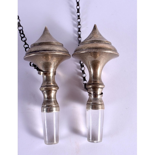 260 - A LARGE PAIR OF ANTIQUE CONTINENTAL TURKISH MARKET GLASS DECANTERS AND STOPPERS. 34 cm high.