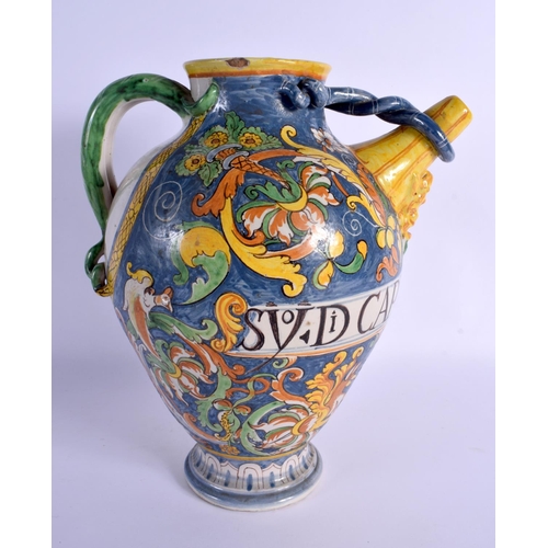 266 - A 19TH CENTURY ITALIAN MAJOLICA FAIENCE EWER painted with mythical beasts. 27 cm x 18 cm.