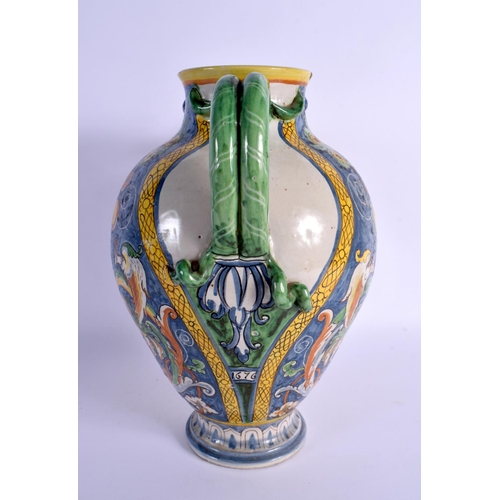 266 - A 19TH CENTURY ITALIAN MAJOLICA FAIENCE EWER painted with mythical beasts. 27 cm x 18 cm.