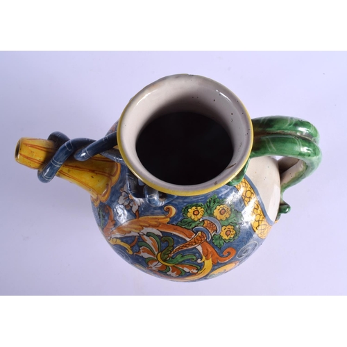 266 - A 19TH CENTURY ITALIAN MAJOLICA FAIENCE EWER painted with mythical beasts. 27 cm x 18 cm.