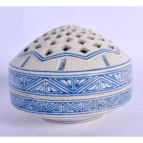 274 - AN UNUSUAL ISLAMIC MIDDLE EASTERN POTTERY CENSER AND COVER. 8.5 cm diameter.