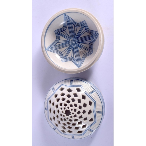 274 - AN UNUSUAL ISLAMIC MIDDLE EASTERN POTTERY CENSER AND COVER. 8.5 cm diameter.