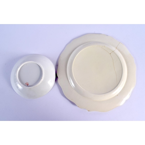 283 - AN 18TH CENTURY LEEDS CREAMWARE PLATE together with a Worcester slop bowl & cup & saucer. Largest 23... 