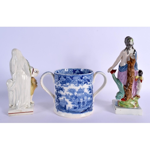 286 - A MID 19TH CENTURY TWIN HANDLED SPODE LOVING CUP together with two late 18th century creamware figur... 