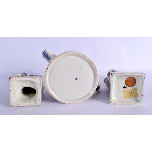 286 - A MID 19TH CENTURY TWIN HANDLED SPODE LOVING CUP together with two late 18th century creamware figur... 