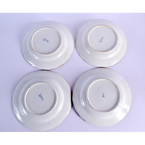 289 - A SET OF FOUR 19TH CENTURY MEISSEN PORCELAIN PLATES painted with fables. 22 cm diameter. (4)