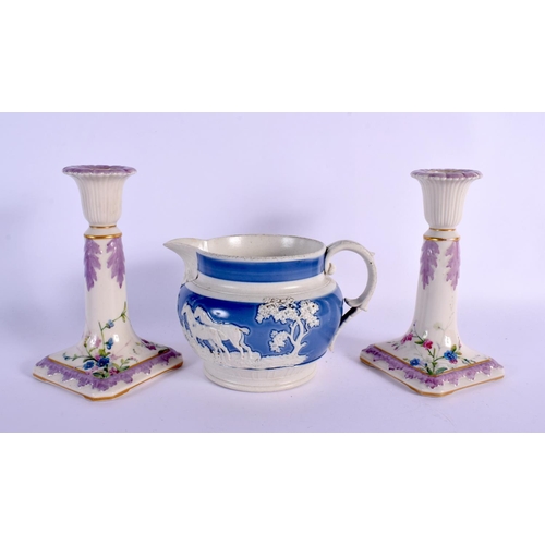 290 - AN ANTIQUE POTTERY HUNTING JUG together with a Ridgway plate, candlesticks etc. (6)