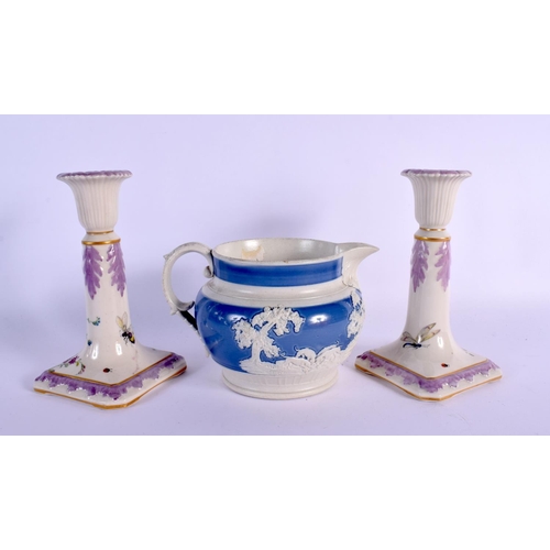 290 - AN ANTIQUE POTTERY HUNTING JUG together with a Ridgway plate, candlesticks etc. (6)