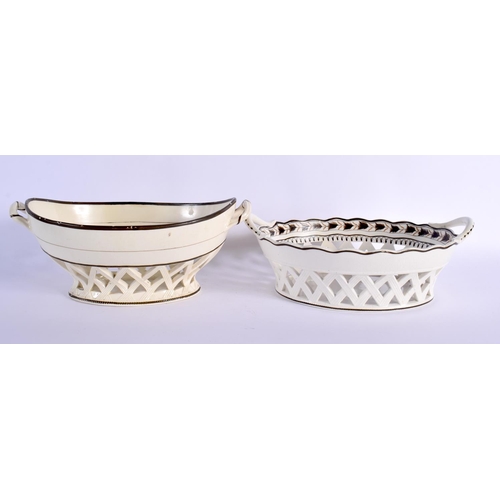 292 - TWO LATE 18TH CENTURY LEEDS & WEDGWOOD BASKETS ON STANDS with acorn decoration. Largest 24 cm x 14 c... 