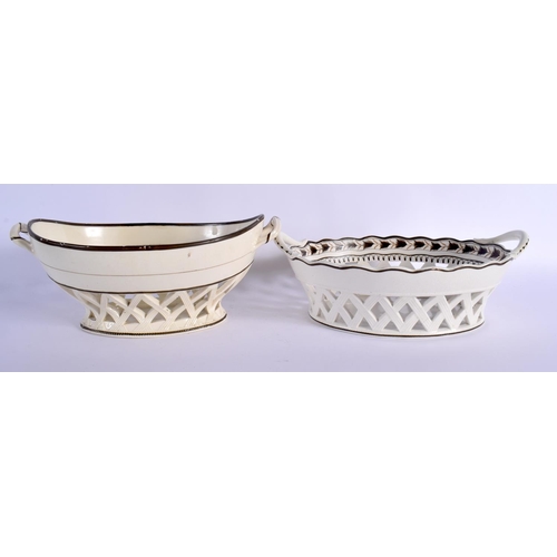 292 - TWO LATE 18TH CENTURY LEEDS & WEDGWOOD BASKETS ON STANDS with acorn decoration. Largest 24 cm x 14 c... 