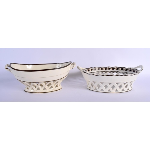 292 - TWO LATE 18TH CENTURY LEEDS & WEDGWOOD BASKETS ON STANDS with acorn decoration. Largest 24 cm x 14 c... 
