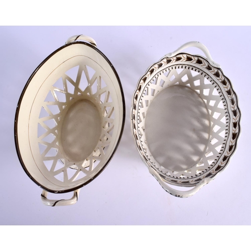 292 - TWO LATE 18TH CENTURY LEEDS & WEDGWOOD BASKETS ON STANDS with acorn decoration. Largest 24 cm x 14 c... 