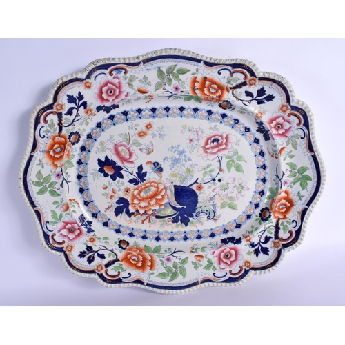 293 - A LARGE 19TH CENTURY IRONSTONE MASONS TYPE DISH together with a pair of Crown Staffordshire cockatoo... 