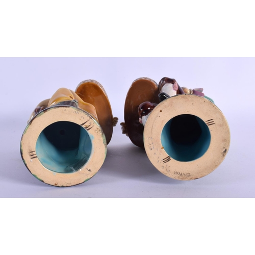 294 - A PAIR OF 19TH CENTURY MINTON MAJOLICA FIGURAL MATCH HOLDER  DISHES. 21 cm high.