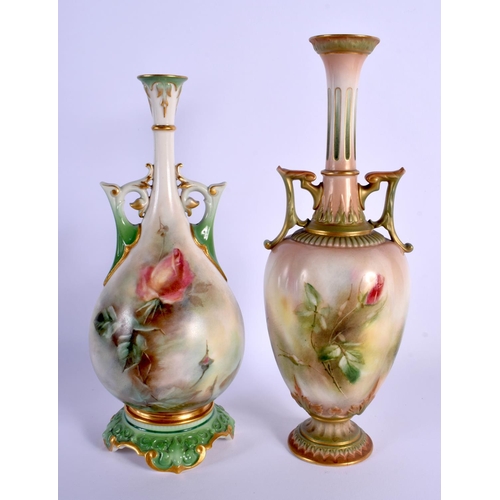 3 - TWO ROYAL WORCESTER HADLEYS TWIN HANDLED PORCELAIN VASES painted with flowers. Largest 28 cm high. (... 