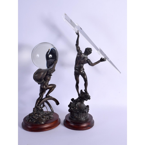 300 - TWO CONTEMPORARY BRONZED AND GLASS SCULPTURES modelled Zeus & Atlas. Largest 35 cm high. (2)