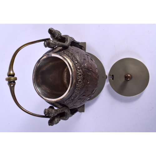 308 - A VERY RARE 19TH CENTURY INDIAN CARVED COCONUT SHELL BOWL AND COVER with two standing Buddhistic bro... 