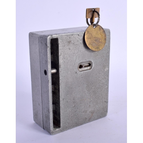 320 - A VERY UNUSUAL EARLY 20TH CENTURY INGERSOLL COMBINATION WATCH LOCK Stamped 134 EK. 7.5 cm x 10 cm.