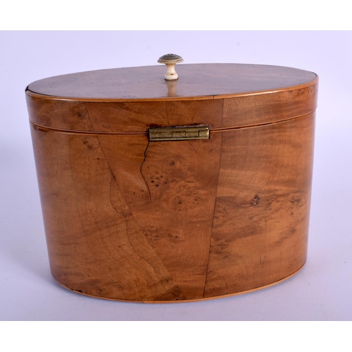 326 - A GEORGE III BURR WALNUT TEA CADDY together with a Sevres style box & another. Largest 13 cm x 15 cm... 