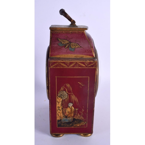 327 - A GEORGE III STYLE COUNTRY HOUSE RED LACQUER MANTEL CLOCK decorated with figures. 21 cm x 11 cm inc ... 