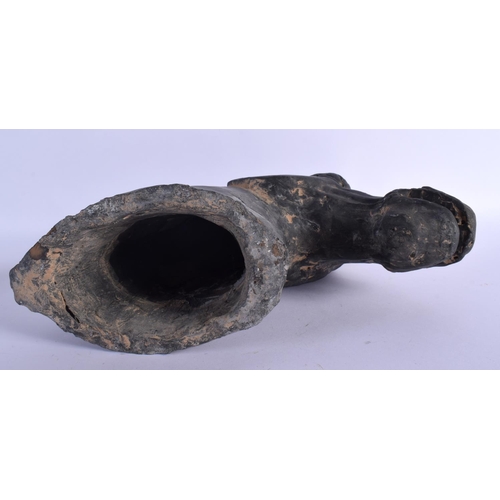 329 - A CHINESE QING DYNASTY BLACK PAINTED POTTERY HEAD OF A HORSE modelled in the Han Dynasty style. 30 c... 