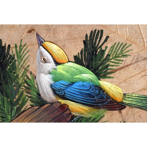 335 - Indian School (C1910) Oil painting on leaf, pair of birds. 36 cm x 22 cm.