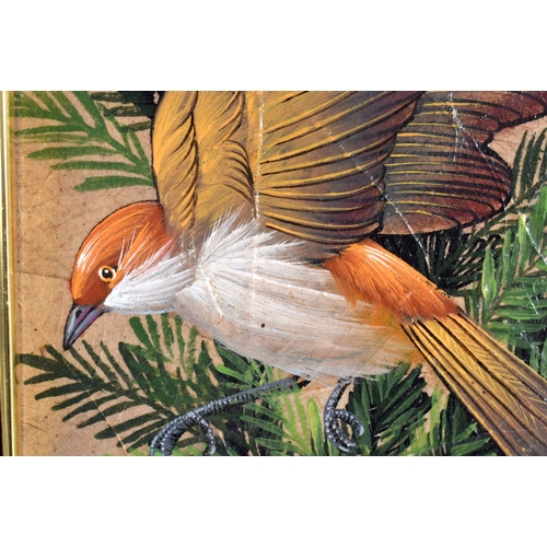 335 - Indian School (C1910) Oil painting on leaf, pair of birds. 36 cm x 22 cm.