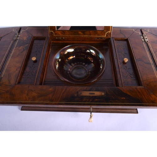 336 - A RARE EARLY VICTORIAN BURR WALNUT TRAVELLING LADIES VANITY BOX the top inset with a classical male ... 