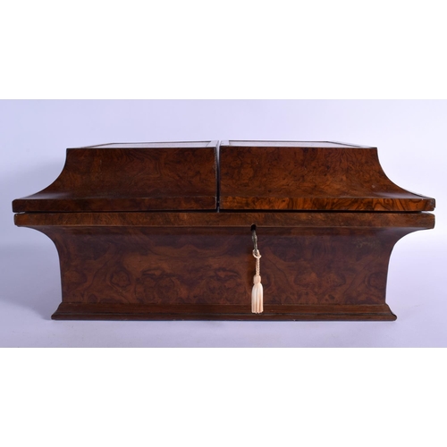 336 - A RARE EARLY VICTORIAN BURR WALNUT TRAVELLING LADIES VANITY BOX the top inset with a classical male ... 