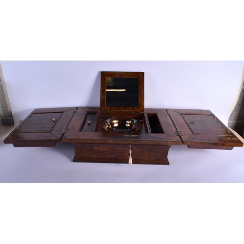 336 - A RARE EARLY VICTORIAN BURR WALNUT TRAVELLING LADIES VANITY BOX the top inset with a classical male ... 