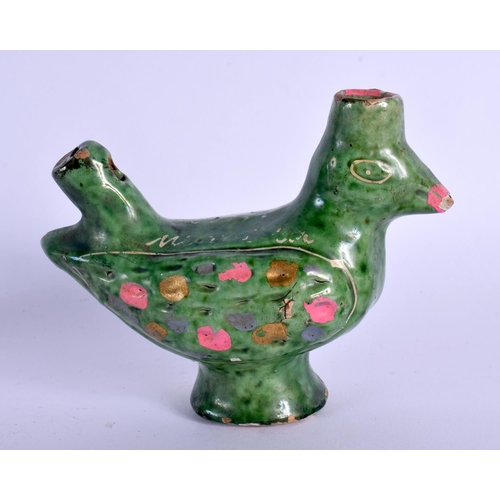 338 - A RARE 18TH/19TH CENTURY INDIAN GREEN PAINTED POTTERY WHISTLE in the form of a bird. 9 cm x 8.5 cm.