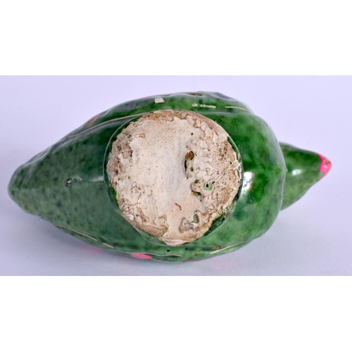 338 - A RARE 18TH/19TH CENTURY INDIAN GREEN PAINTED POTTERY WHISTLE in the form of a bird. 9 cm x 8.5 cm.