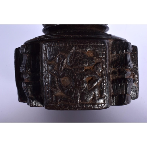 339 - A RARE NEAR PAIR OF 17TH/18TH CENTURY INDIAN CARVED WOOD MORTARS carved with Buddhistic figures. Lar... 