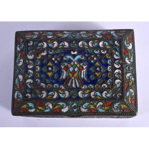 347 - AN ANTIQUE RUSSIAN CLOISONNE ENAMEL RECTANGULAR CASKET decorated with birds and foliage. 12 cm x 8 c... 