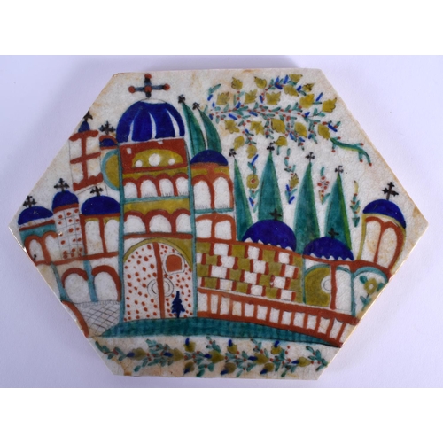 36 - AN OTTOMAN TURKISH KUTAHYA RELIGIOUS TILE painted with a mosque. 24 cm x 19 cm.
